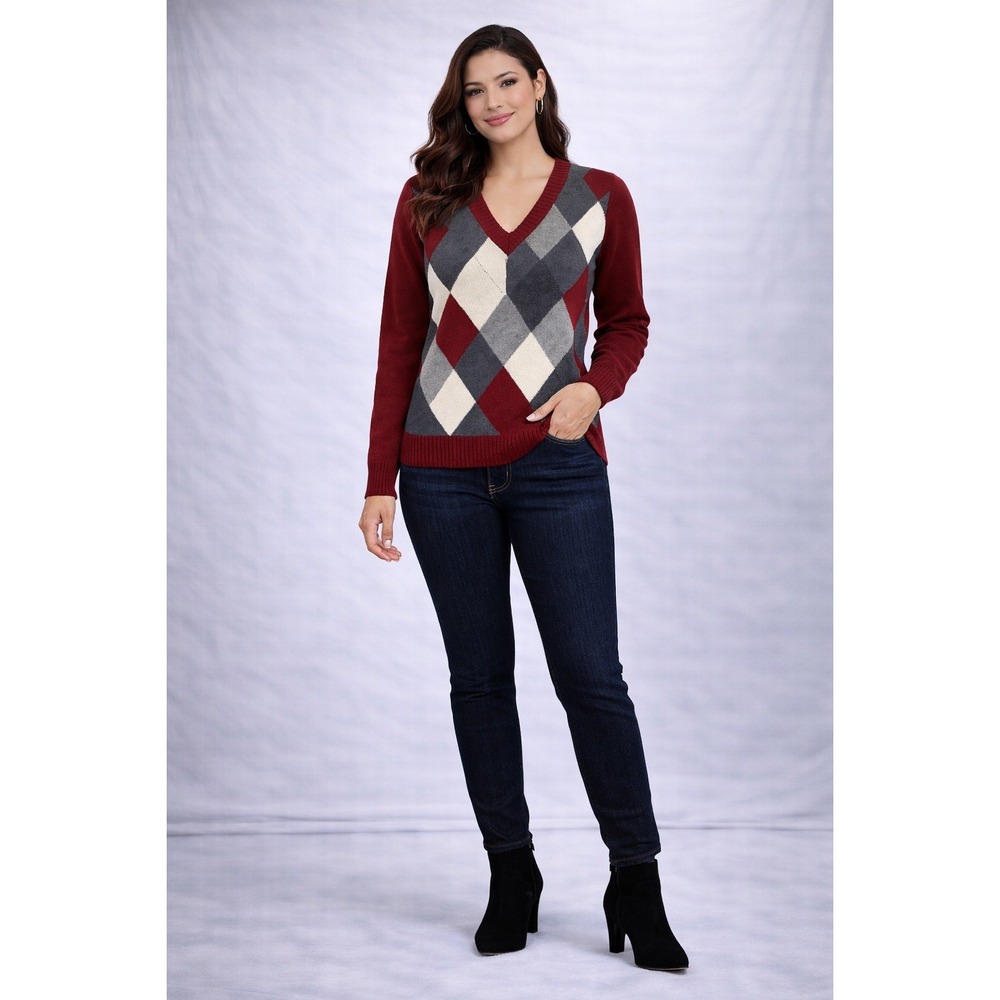 Villager by Liz Claiborne Argyle‎ V-Neck Sweater Women's Size 3 Burgundy Gray